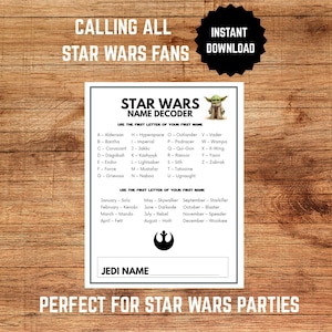May include: A printable Star Wars name decoder chart with a green Yoda character illustration. The chart lists Star Wars characters and locations, and uses the first letter of a person's name to determine their Star Wars name. The chart also includes a list of months and their corresponding Star Wars names. The text "Calling all Star Wars fans" and "Instant Download" is at the top of the chart. The text "Perfect for Star Wars parties" is at the bottom of the chart.