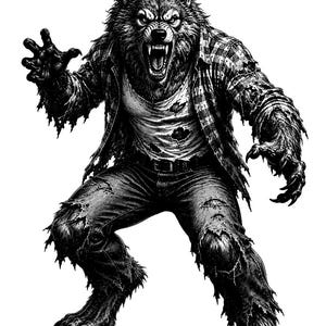Könnte beinhalten: Eine schwarz-weiße Illustration eines knurrenden Werwolfs mit scharfen Zähnen und Krallen, der ein zerfetztes Karohemd, ein zerrissenes Unterhemd und eine kaputte Jeans trägt. Oben rechts steht der Text DR LASER DESIGNS mit einem Sternsymbol.