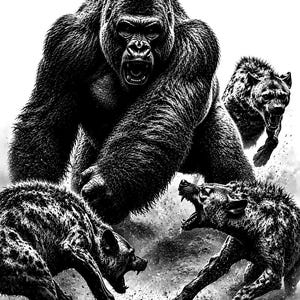 May include: A black and white graphic illustration featuring a large, aggressive gorilla facing off against two snarling hyenas. The design includes the text DR LASER DESIGNS in the upper right corner, rendered in a high-contrast, detailed style.