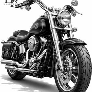 Peut inclure: Une moto Harley-Davidson noire avec un guidon chromé, un phare rond, un réservoir de carburant avec logo, une sacoche latérale en cuir et un pneu avant épais. L'image comporte un logo dans le coin supérieur gauche avec le texte DR LASER DESIGNS.