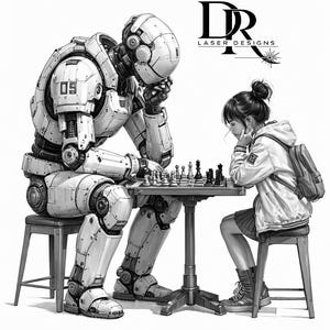 Pode incluir: Uma ilustração a preto e branco de um grande robô branco com o número 09 no ombro e uma pessoa com uma mochila sentados frente a frente a uma mesa a jogar xadrez. O texto DR LASER DESIGNS é visível no canto superior direito.