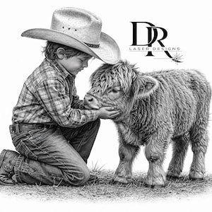 Cowboy and Highland Cow Engraving Design, High Detail Laser File (PNG Download)