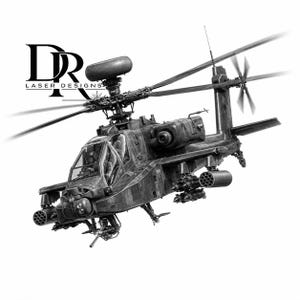 May include: A black and white illustration of an AH-64 Apache attack helicopter in flight, featuring a radar dome above the rotor, weapon pylons with missiles, and a nose-mounted sensor turret. The logo DR LASER DESIGNS is visible in the upper left.