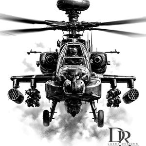 May include: A black and white illustration of an attack helicopter viewed from the front. The aircraft features a top-mounted radar dome, rotating rotor blades, and wing-mounted rocket pods. The text DR LASER DESIGNS appears in the bottom right corner.