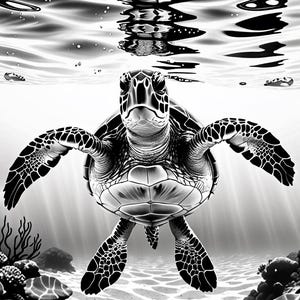May include: Monochrome illustration of a sea turtle swimming underwater. The turtle features a patterned shell and flippers, with coral and other marine life in the background. The water's surface reflects light.