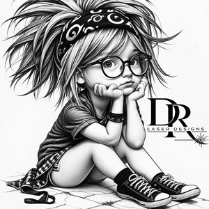 以下が含まれることがあります： メガネ、バンダナ、スニーカーを身に着けた子供の白黒イラスト。子供はあごを手に乗せて座っています。画像には「DR LASER DESIGNS」というテキストが含まれています。