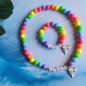 Collar personalizado para niños, collar y pulsera de arcoíris para niños, collar personalizado para niños, conjunto de joyas con dijes de unicornio para niños.