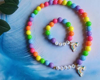 Personalised necklace for kids, Rainbow necklace and bracelet for children, Custom necklace for kids. Unicorn charm jewelley set for kids.