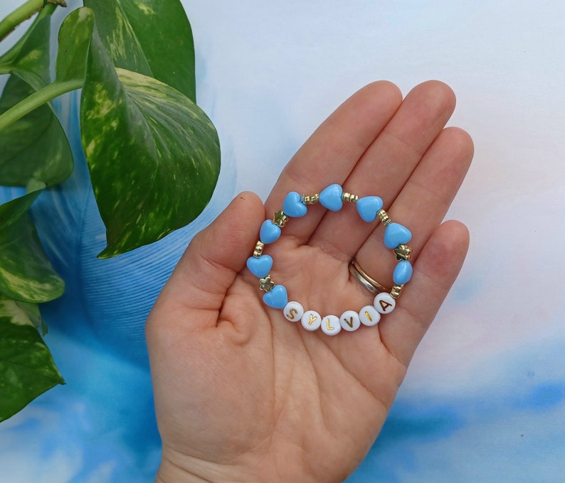 Personalised child bracelet, Kids custom bracelet, Beaded girl bracelet, Jewellery For Toddlers, Heart beads bracelet. Name bracelet for kid Blue