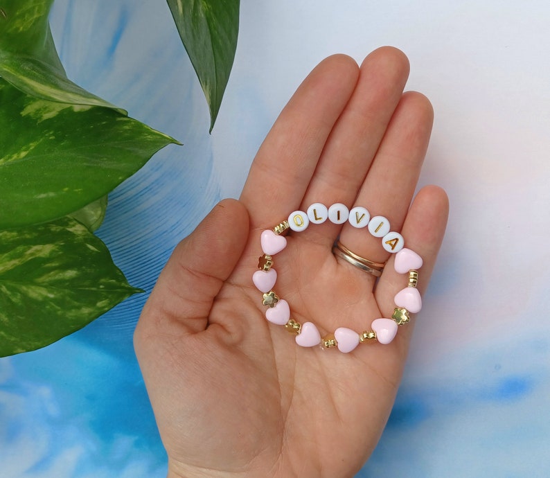Personalised child bracelet, Kids custom bracelet, Beaded girl bracelet, Jewellery For Toddlers, Heart beads bracelet. Name bracelet for kid Pink