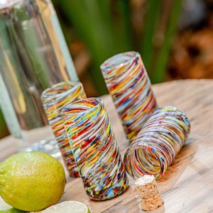 MEXTEQUIL - Authentic Mexican Tequila Shot Glasses - Tequila Set of shot glasses - 4 pcs - 2 Oz - Mexican Hand Blown Shot Glass (Swirl)