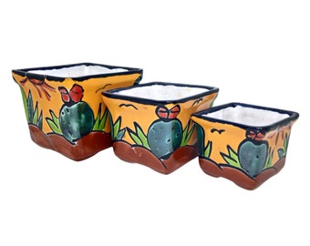 MEXTEQUIL - Mexican Pottery Planters - Set of 3 Pieces - Talavera Pottery - Succulent Pot Planter Flower Hand-Painted (2.8" Cactus)