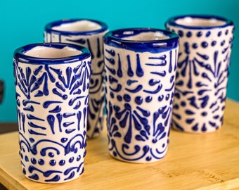 MEXTEQUIL - Talavera Shot Glasses Set of 4 Authentic Mexican Tequila Shot Glasses - Hand-painted - 2 Oz (Blue Lace)