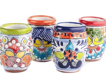 MEXTEQUIL - Talavera Keramiska Shotglas Set med 4 Autentiska Mexikanska Tequila Shotglas - Handmålade - 55 g (Fatkantfärger)