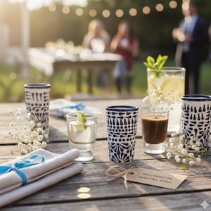 Puede incluir: Una mesa de madera exhibe diversas bebidas y elementos decorativos. Se ven varios vasos de chupito con diseños azules y blancos y un vaso transparente con una rodaja de lima. Una etiqueta dice "Recuerdo de Nuestra Boda".
