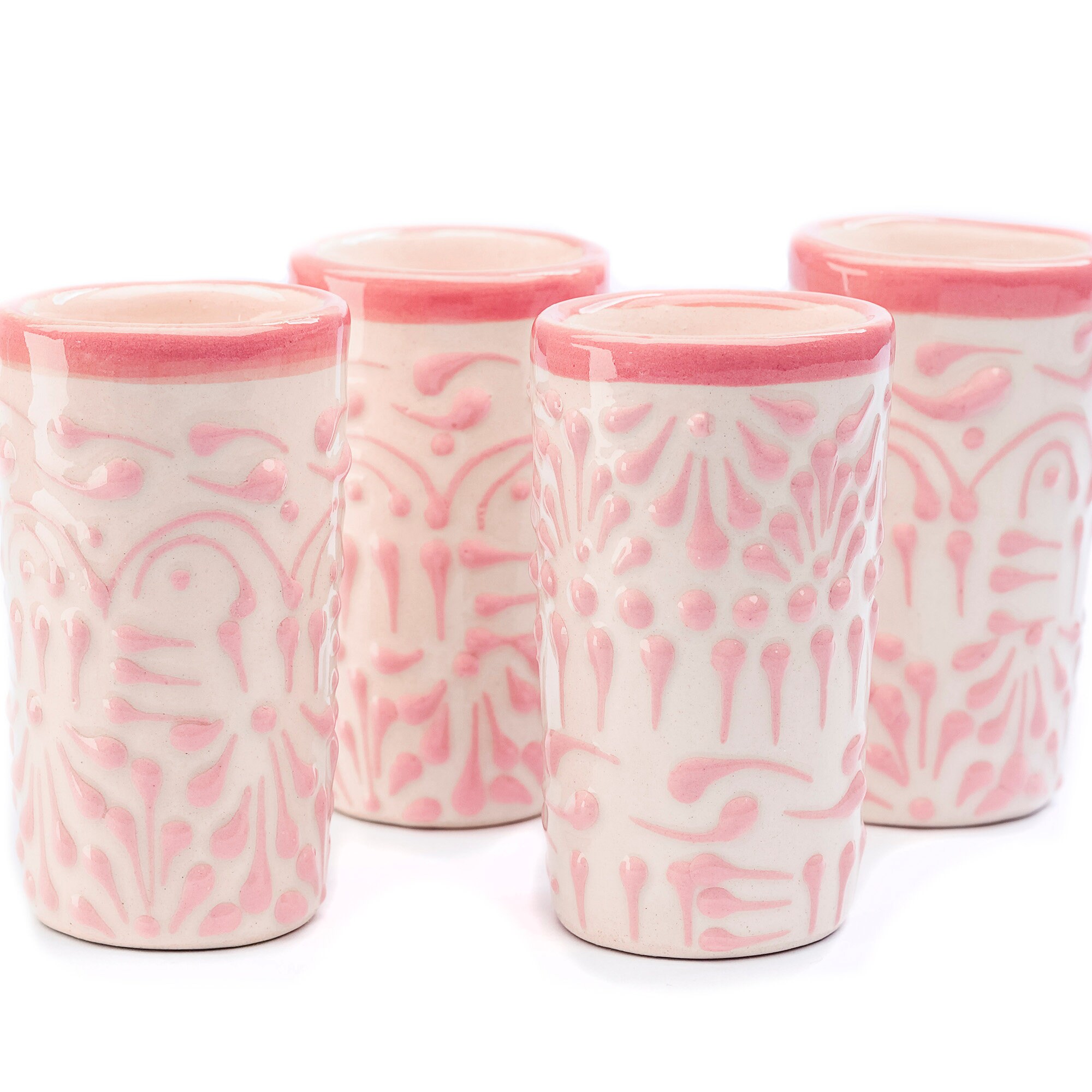 MEXTEQUIL - Talavera Shot Glasses Set of 4 Authentic Mexican Tequila Shot Glasses - Hand-painted - 2 Oz (Pink Lace)