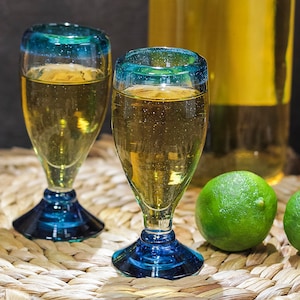 MEXTEQUIL - Authentic Mexican Tequila Shot Glasses - Tall Tequila Set of shot glasses - 4 pcs - 2 Oz (Tall Aqua Rim)