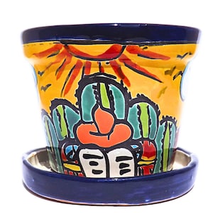 MEXTEQUIL - Talavera Mexikanische Keramik-Pflanzgefäße mit Untertasse 4" Rancherito - Kaktus - Sonnentopf Handbemalter Keramik-Pflanztopf