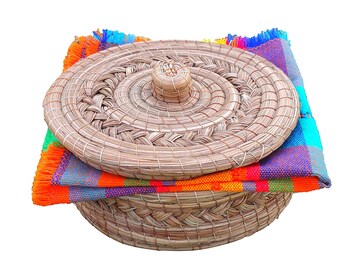 MEXTEQUIL - Authentic Mexican Tortilla Warmer Basket - Pine Needle Handwoven with Handloomed Cloth (7 inches Rim w cloth)