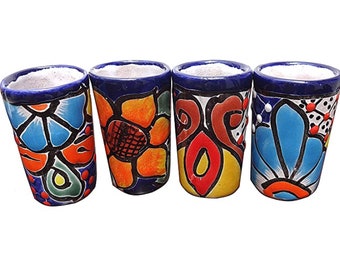 MEXTEQUIL - Talavera Shot Glasses Set of 4 Authentic Mexican Tequila Shot Glasses - Hand-painted - 2 Oz (Flowers)