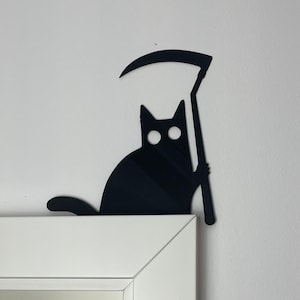 Decoración de marco de puerta de Halloween con impresión 3D de un divertido gato de la muerte, regalo para marco de puerta de esquina gótico, adornos de puerta de Halloween, regalo espeluznante de Halloween