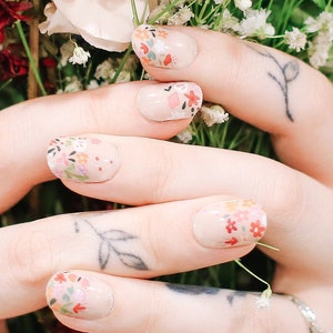 Floral Nail Wraps | Translucent Flower Nail wraps | “Sheer French Wildflower Bouquet” | Floral French Tip Nail Strips