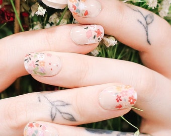 Floral Nail Wraps | Translucent Flower Nail wraps | “Sheer French Wildflower Bouquet” | Floral French Tip Nail Strips