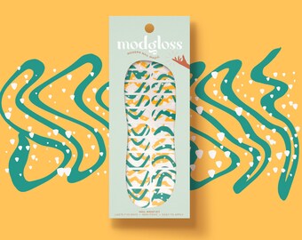 Abstract Waves Artistic Clear Gel Nail Strip Kit i Blågrönt och Gult | 'Miami Waves' Transparent Nagelinpackningskit