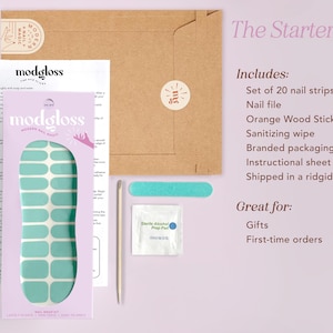 the starter kit includes nail strips, nail file, orange wood stick, sanding