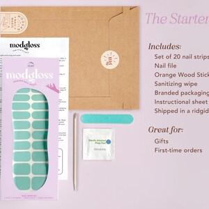 the starter kit includes nail strips, nail file, orange wood stick, sanding