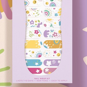 Good Vibes Pop-Art Kawaii Transparent Rainbow Nail Art Wrap Kit | rainbow smiley face daisy nail wrap | Korean kpop Nail Art image 2