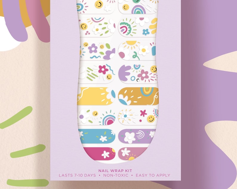 Good Vibes Pop-Art Kawaii Transparent Rainbow Nail Art Wrap Kit | rainbow smiley face daisy nail wrap | Korean kpop Nail Art image 2