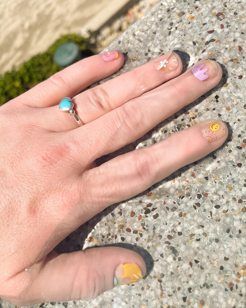 Good Vibes Pop-Art Kawaii Transparent Rainbow Nail Art Wrap Kit | rainbow smiley face daisy nail wrap | Korean kpop Nail Art image 3