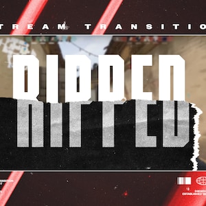 Könnte beinhalten: Eine schwarz-weiße Grafik mit dem Wort "RIPPED" in großen weißen Buchstaben. Die Buchstaben sind zerrissen und zerrissen, was einen Grunge-Effekt erzeugt. Der Text "STREAM TRANSITION" erscheint oben auf der Grafik, und der Text "A STINGER TRANSITION RIPPED EFFECT BLACK/WHITE" erscheint unten.