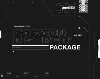 May include: A black and white graphic design with the text "CARBON A STREAM PACKAGE" and "BLK EDT." in a futuristic style. The design includes a series of lines and shapes that resemble a circuit board.
