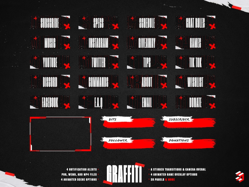 May include: A set of 20 black and white Twitch panels with red accents. The panels feature text such as "Subscribe", "Specs", "Schedule", "Chat Rules", "Music", "Instagram", "Giveaway", "Games", "YouTube", "Twitter", "Tips", "Tik Tok", "Discord", "Commands", "About", "Wishlist", "Facebook", "F.A.Q", "Email", and "Donate". The panels are designed for use on Twitch streams.