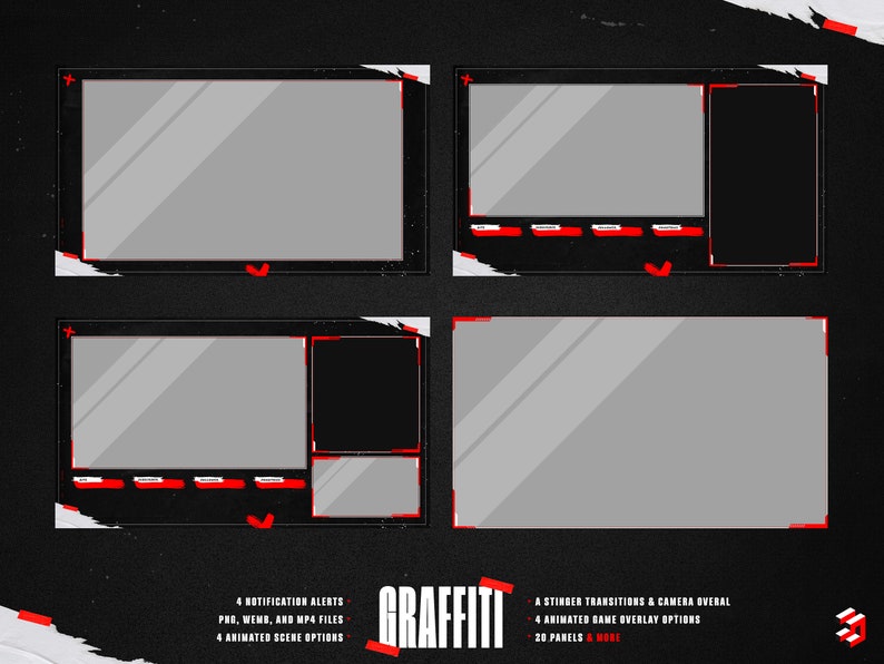 May include: Four customizable Twitch stream overlay layouts with a black and red color scheme. The overlays feature a large central area for displaying gameplay, along with smaller sections for notifications, alerts, and other information. The text "GRAFFITI" is displayed in red at the bottom of the image.