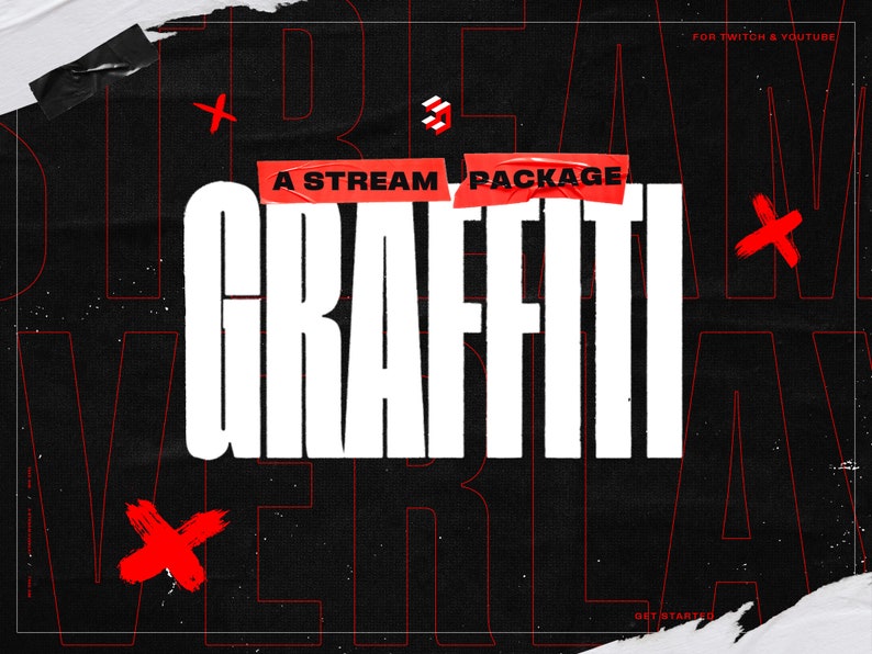 May include: A black and white graphic design with the text "A Stream Package Graffiti" in red and white. The text is on a black background with red lines and red X marks.