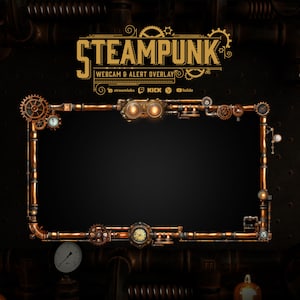 Könnte beinhalten: Steampunk-Webcam-Alert-Overlay mit einem Rahmen aus Kupfer und Messing, Zahnrädern und Zifferblättern. Der Text "STEAMPUNK" ist in goldener Schrift mit einem dekorativen Rahmen. Der Text "WEBCAM & ALERT OVERLAY" ist in kleinerer goldener Schrift unter dem Haupttitel.