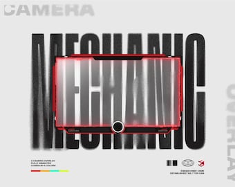 May include: A black and red camera overlay with the word "MECHANIC" in large, bold letters. The overlay is designed for use in video games and includes a space for a live camera feed. The text "CAMERA OVERLAY" is at the bottom of the image, along with the text "FULLY ANIMATED" and "COMES IN 4 COLORS".