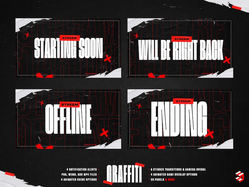May include: Four black and white Twitch stream overlays with red accents. The overlays feature the text "STREAM STARTING SOON", "STREAM WILL BE RIGHT BACK", "STREAM OFFLINE", and "STREAM ENDING".