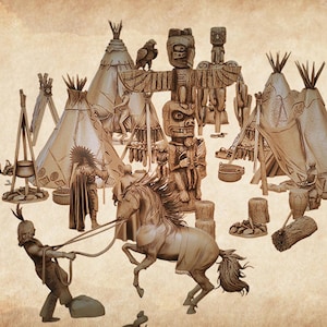 Puede incluir: Una escena en miniatura que representa una aldea nativa americana con tipis, tótems y figuras. La escena incluye un caballo, una fogata y varios otros detalles.