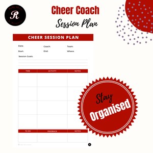 Peut inclure: Un modèle de plan de séance d'entraîneur de cheerleading imprimable avec un schéma de couleurs rouge et blanc. Le modèle comprend des sections pour la date, l'heure de début, l'heure de fin, l'entraîneur, l'équipe, le lieu, les objectifs de la séance, le temps, l'activité, les notes, à faire, les commentaires et les notes. Le modèle comprend également une étoile rouge avec le texte "Restez organisé".