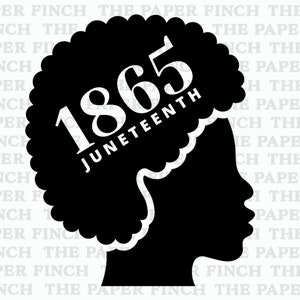 Könnte beinhalten: Schwarze Silhouette einer Person mit Afro-Frisur. Der Afro trägt den Text "1865 Juneteenth" in Weiß.
