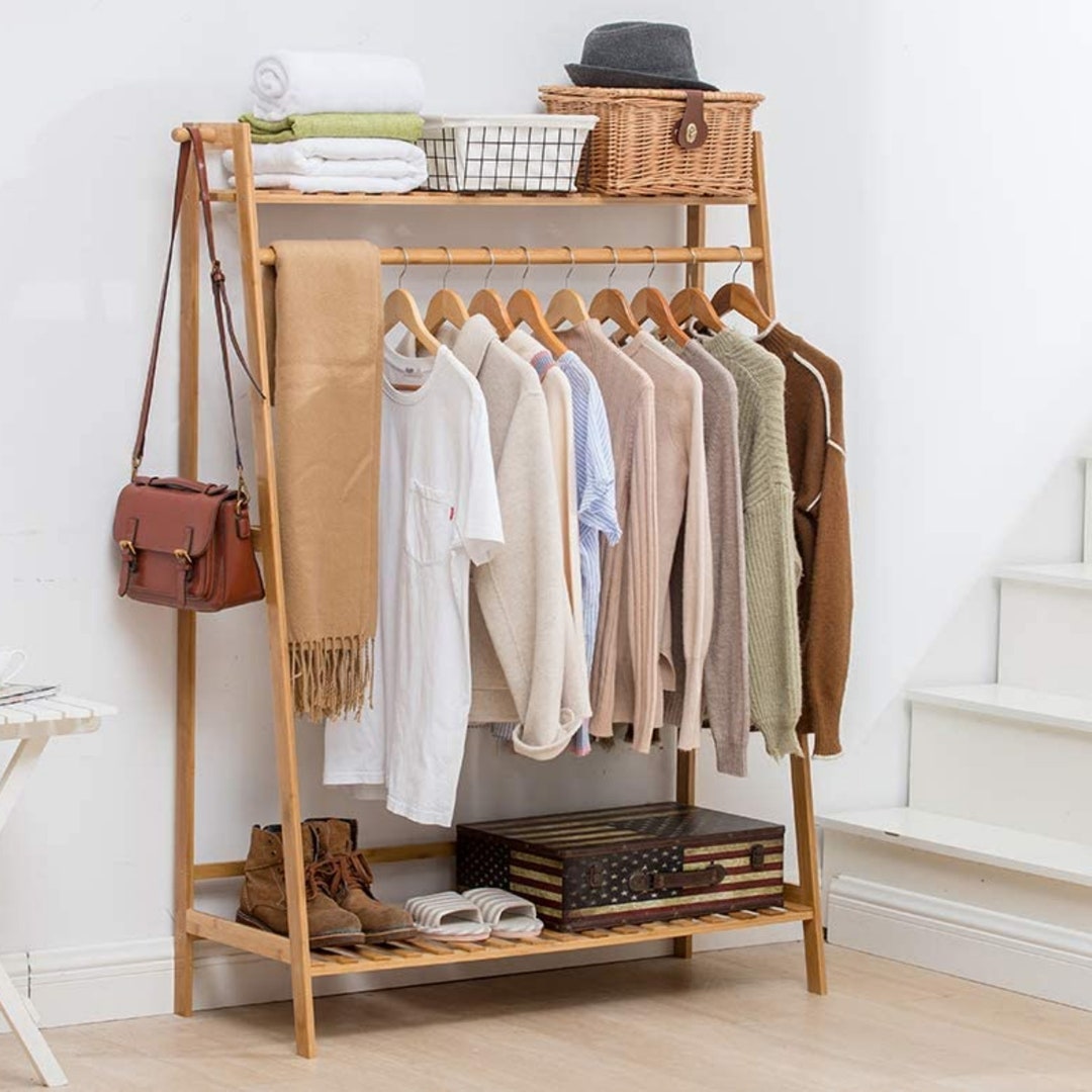Versatile Bamboo Clothing Rack With Storage Shelves Etsy