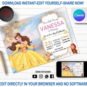Invito di compleanno della principessa Belle / Invito digitale della Bella e la Bestia / Invito alla festa della principessa / Modificabile in Canva / Modello di compleanno