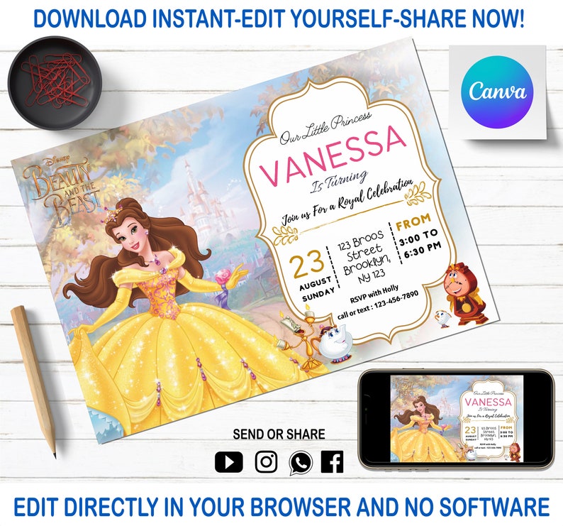Princess Belle Birthday Invitation Beauty and the Beast Etsy