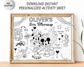 May include: A black and white printable activity sheet for a child's 5th birthday party. The sheet features a maze, a noughts and crosses game, a connect-the-dots activity, and a "find the Pluto" game. The sheet is decorated with Mickey Mouse and Minnie Mouse characters dressed in Halloween costumes.
