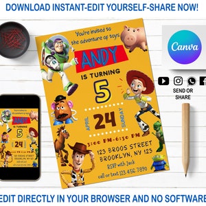 Invitation d’anniversaire d’histoire de jouet | Invitation numérique pour enfants | Invitation à une fête Toy Story | Modifiable dans Canva | Modèle d’anniversaire moderne imprimable