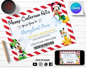 May include: A printable Christmas-themed boarding pass for Disneyland Paris. The pass features Mickey Mouse and Minnie Mouse in festive attire, along with the text "Merry Christmas Alice You're Going To: Disneyland Paris Admission Boarding Pass Where dreams come true! Lost of Love, Mom & Dad Made in Love".